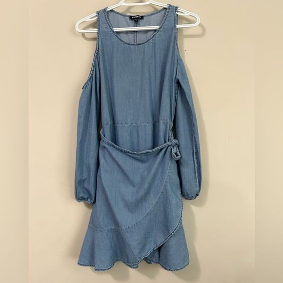 Express Denim Wrap Long Sleeves Dress - Picture 1 of 9